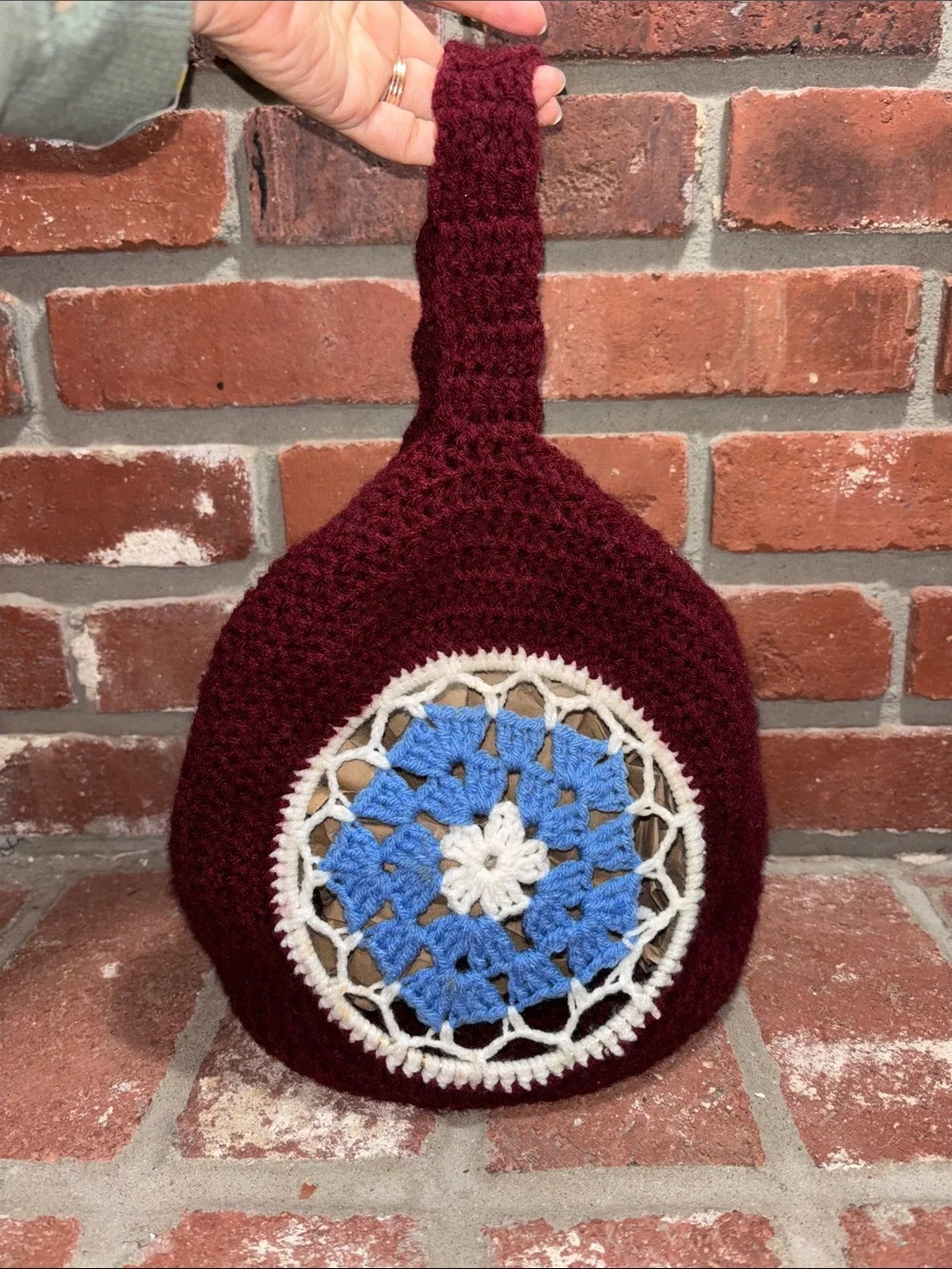 Handmade Boho Crochet Round Wristlet Bag in Burgundy with Blue & Cream Accent